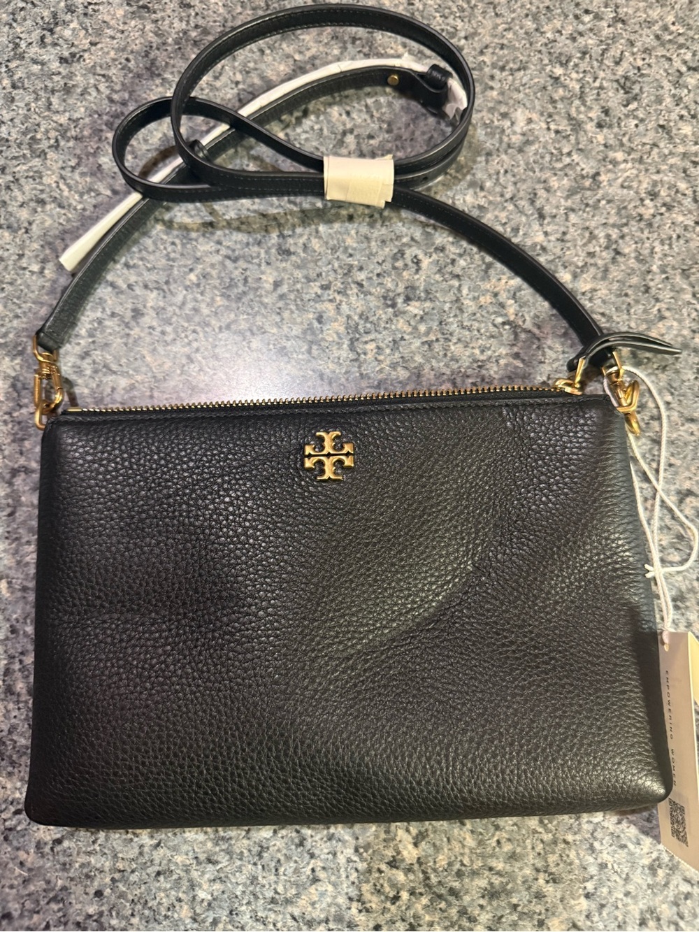 Tory Burch Black Pebbled Leather Zip Card Case with Gold Hardware